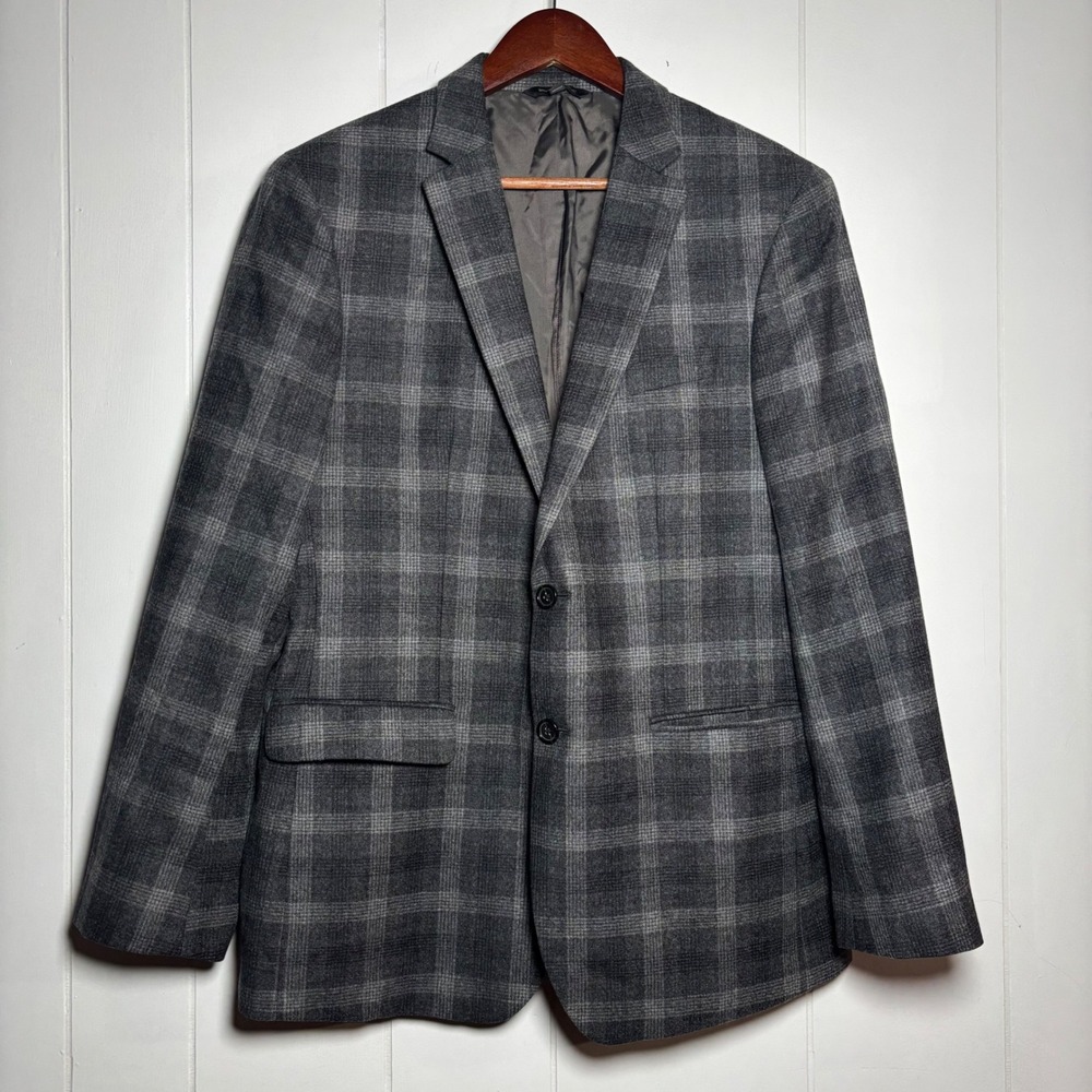 Banana Republic Mens 42R Slim Fit Grey Plaid 100% Wool Blazer Italian Marzotto